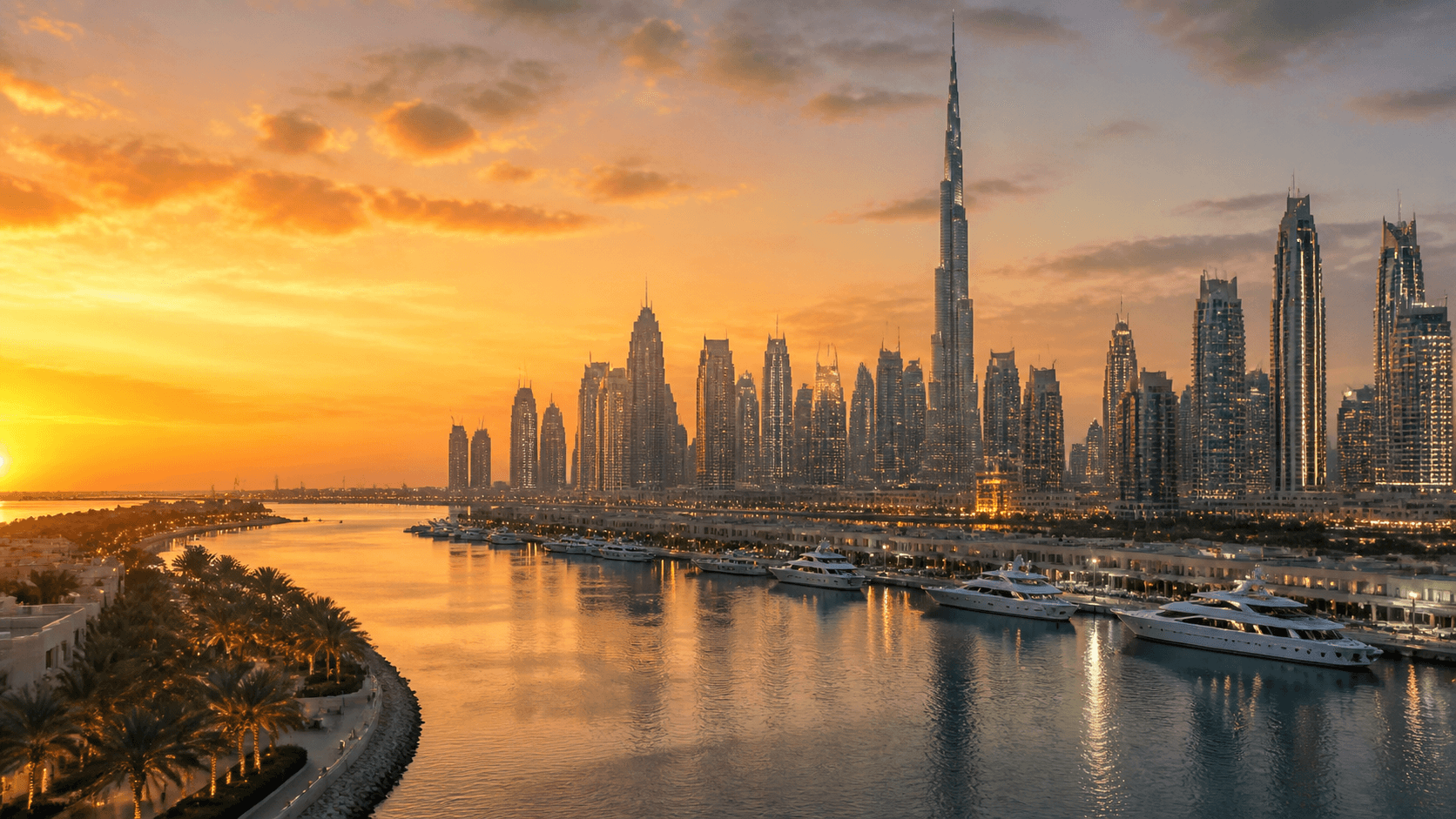 Dubai skyline with Burj Khalifa at golden-hour sunset